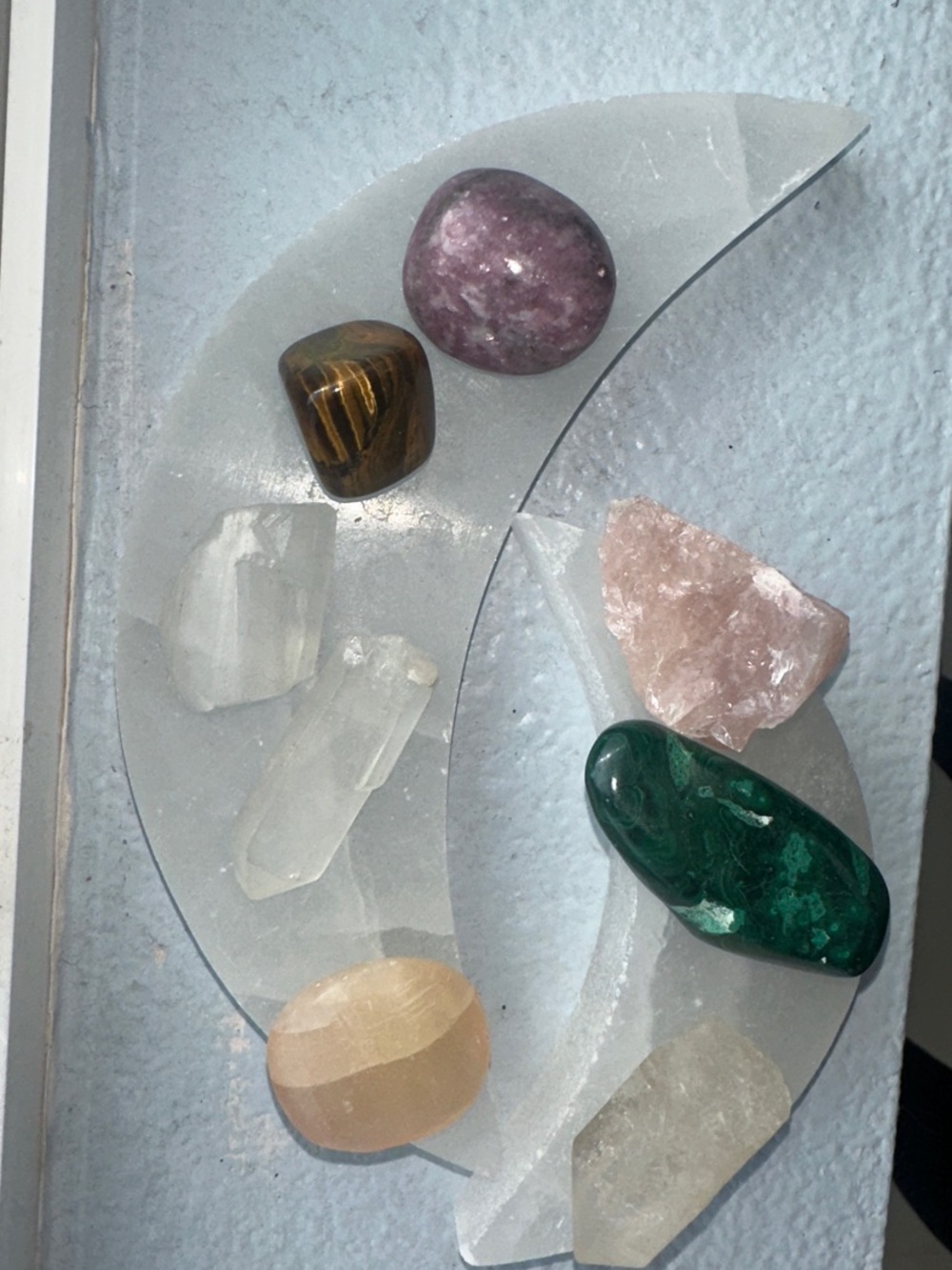 Selenite Crescent Display with Mixed Crystal Collection